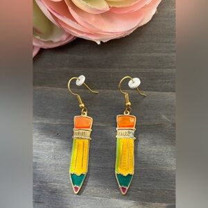 Colorful Pencil Earrings Goldtone, Two Hands
